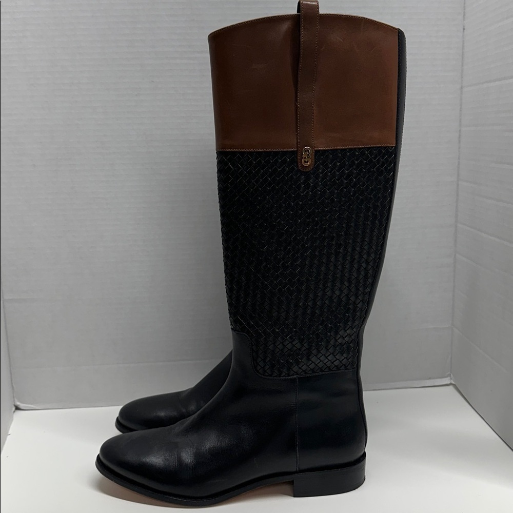 Cole Haan Brennan Riding Boots Tall Side Zip Braided Leather Black Brown Size 8 - Picture 4 of 9